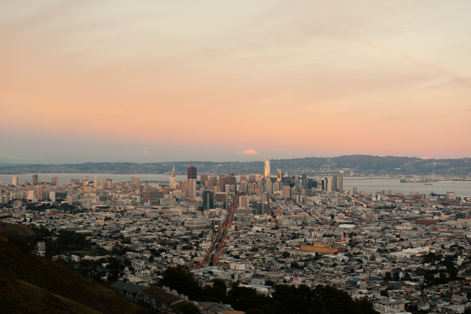 San francisco skyline at dusk with bay in background